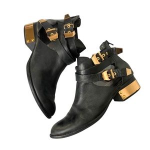 JEFFERY CAMPBELL VINTAGE Everly Black & Gold Double Buckle Booties Sz 9.5